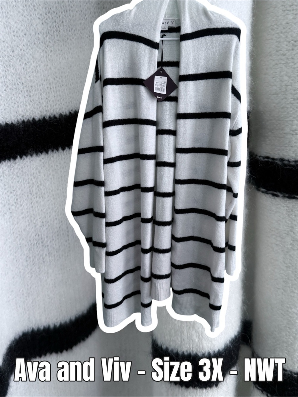 Ava and Viv White and Black Striped Open Cardigan